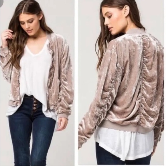 Free People Ruched Velvet Neutral Bomber Jacket. - Picture 2 of 14
